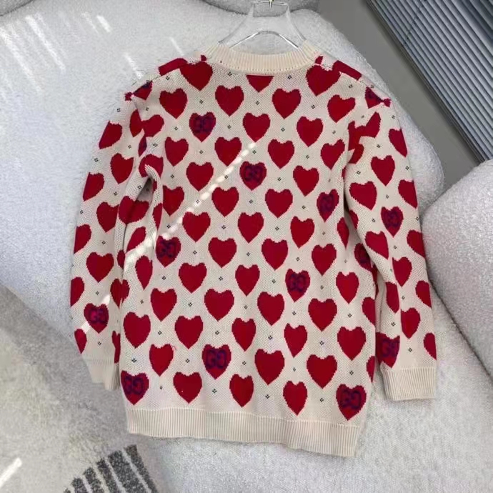 Gucci Men Les Pommes Cotton Heart Sweater White Hearts Knit Cotton Jacquard V-Neck
