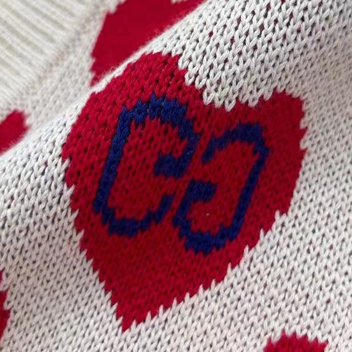 Gucci Men Les Pommes Cotton Heart Sweater White Hearts Knit Cotton Jacquard V-Neck
