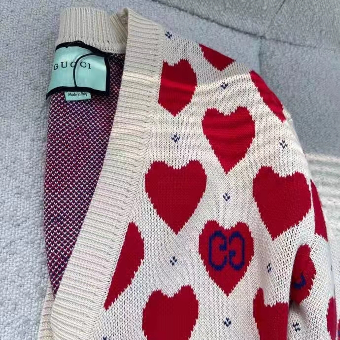 Gucci Men Les Pommes Cotton Heart Sweater White Hearts Knit Cotton Jacquard V-Neck