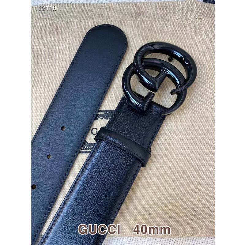Gucci Unisex GG Marmont Wide Belt Black Leather Double G Buckle 4 cm Width