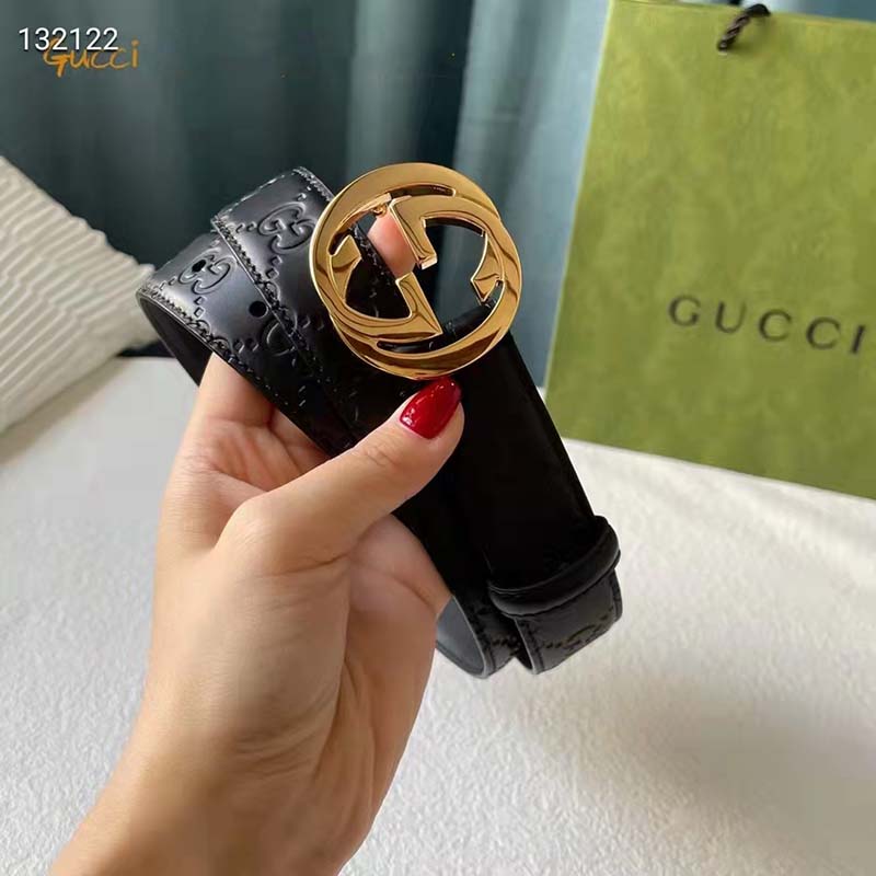 Gucci Unisex GG Signature Leather Belt Interlocking G Buckle Gold Hardware 4 cm Width