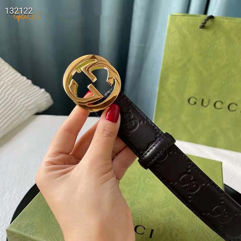 Gucci Unisex GG Signature Leather Belt Interlocking G Buckle Gold Hardware 4 cm Width
