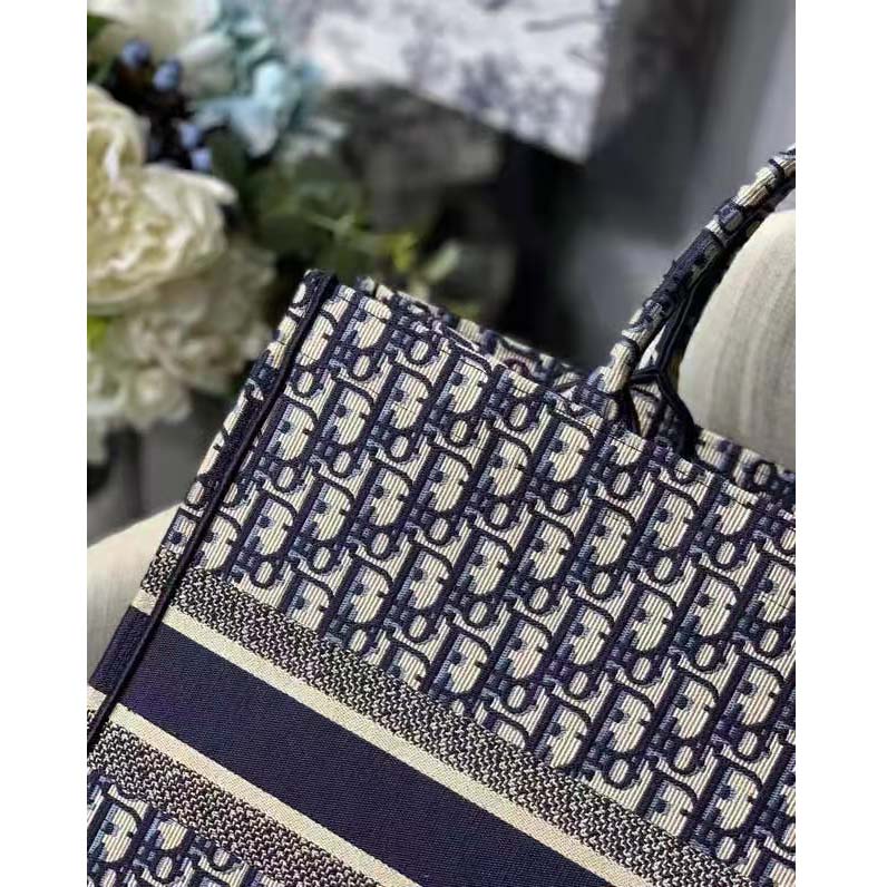 Dior Unisex CD Large Book Tote Navy Blue Dior Oblique Embroidery