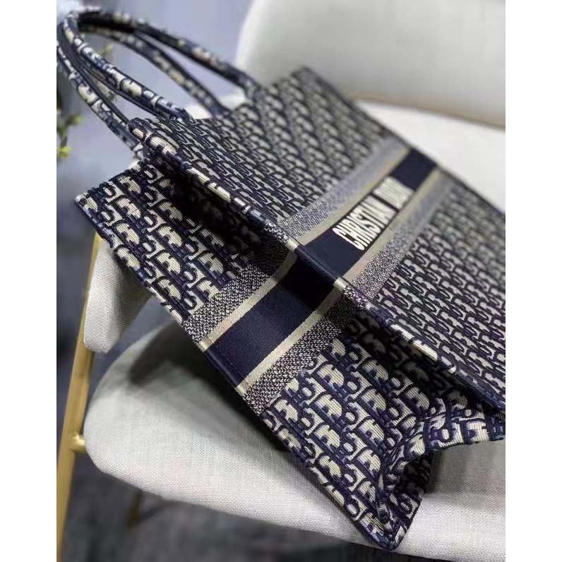 Dior Unisex CD Large Book Tote Navy Blue Dior Oblique Embroidery