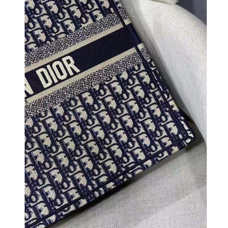 Dior Unisex CD Large Book Tote Navy Blue Dior Oblique Embroidery
