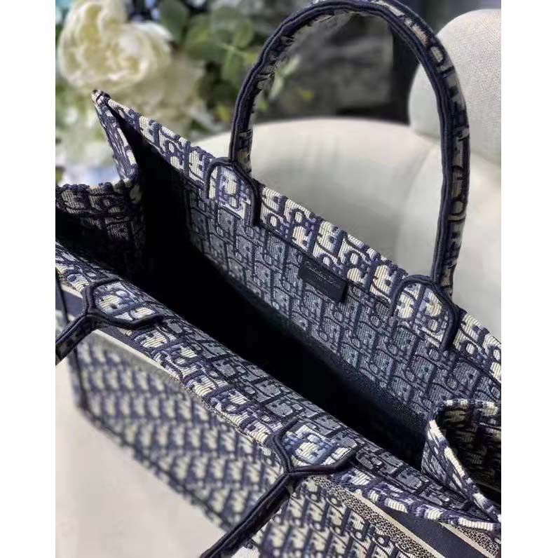 Dior Unisex CD Large Book Tote Navy Blue Dior Oblique Embroidery