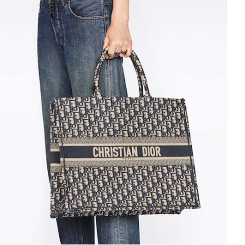 Dior Unisex CD Large Book Tote Navy Blue Dior Oblique Embroidery