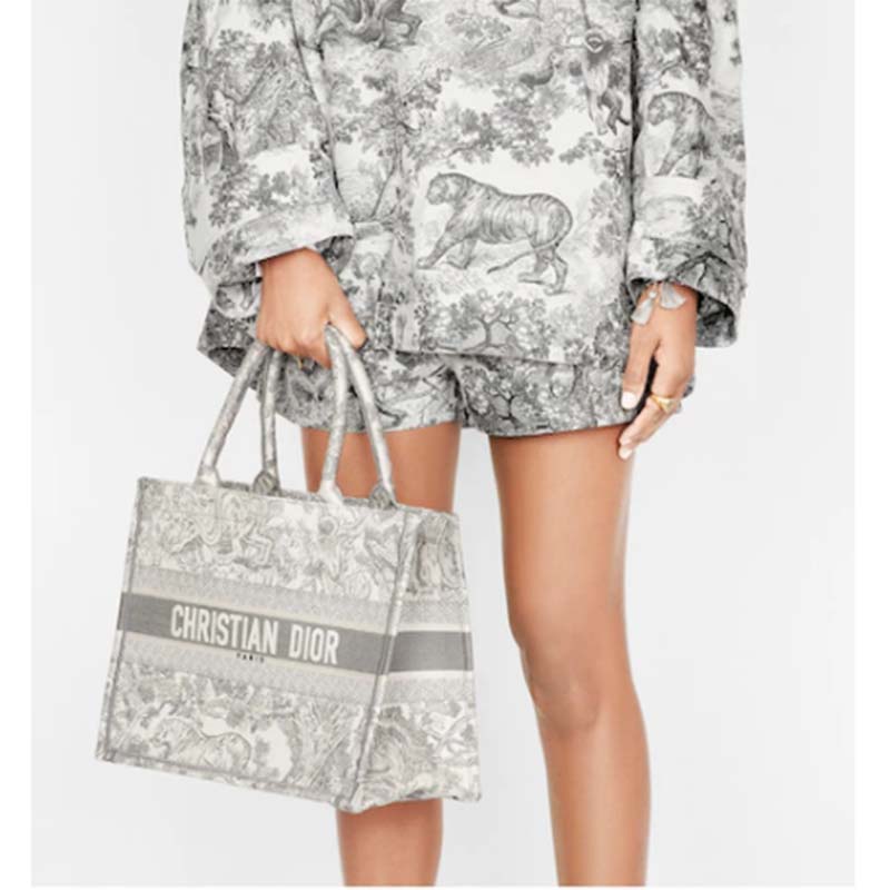 Dior Unisex CD Medium Dior Book Tote Gray Toile De Jouy Embroidery