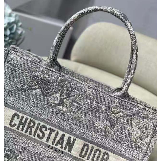 Dior Unisex CD Medium Dior Book Tote Gray Toile De Jouy Embroidery