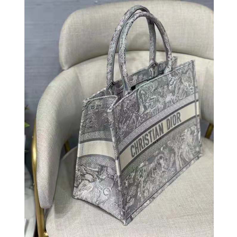 Dior Unisex CD Medium Dior Book Tote Gray Toile De Jouy Embroidery