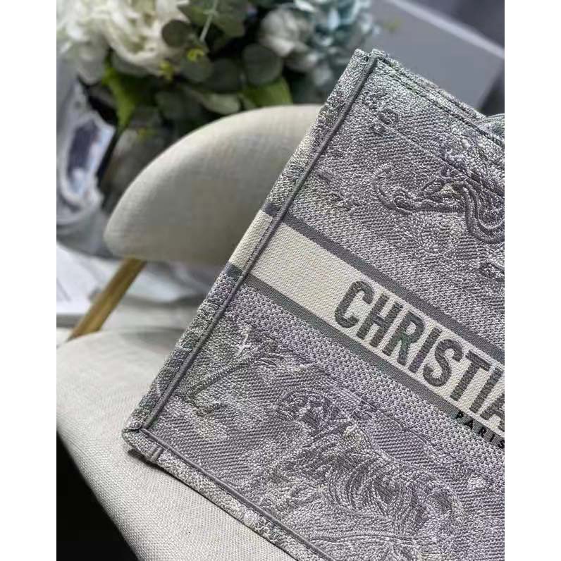Dior Unisex CD Medium Dior Book Tote Gray Toile De Jouy Embroidery
