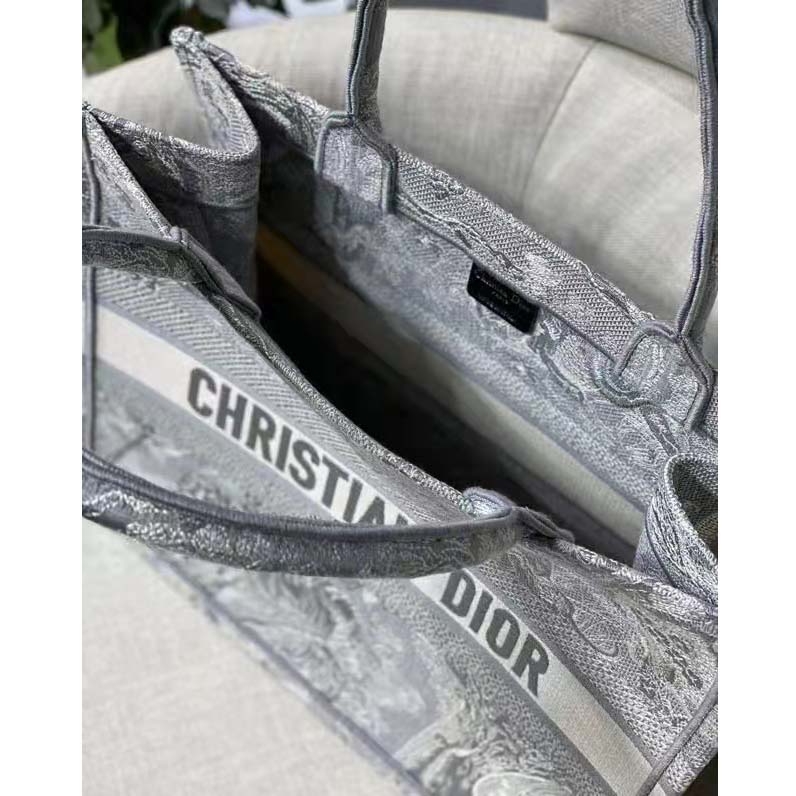 Dior Unisex CD Medium Dior Book Tote Gray Toile De Jouy Embroidery