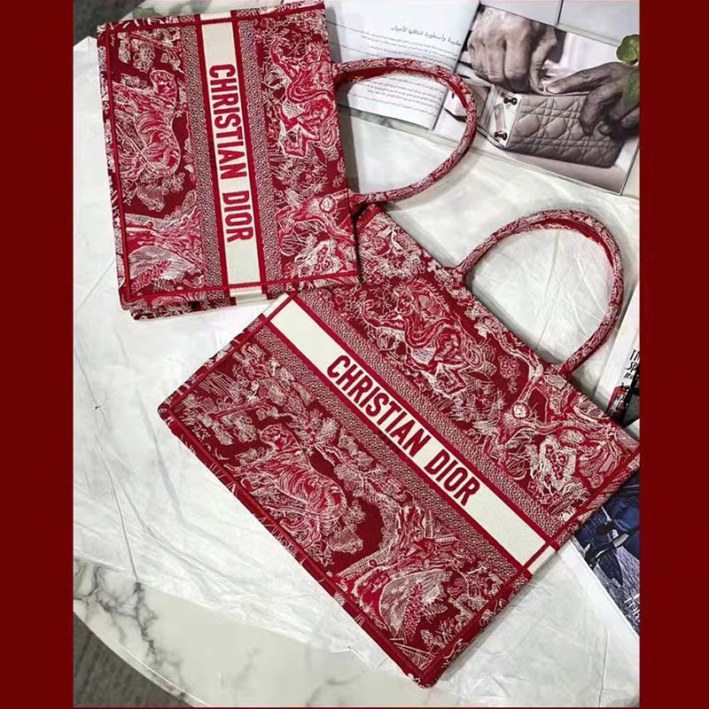 Dior Unisex Medium Book Tote Burgundy Toile De Jouy Stripes Embroidery