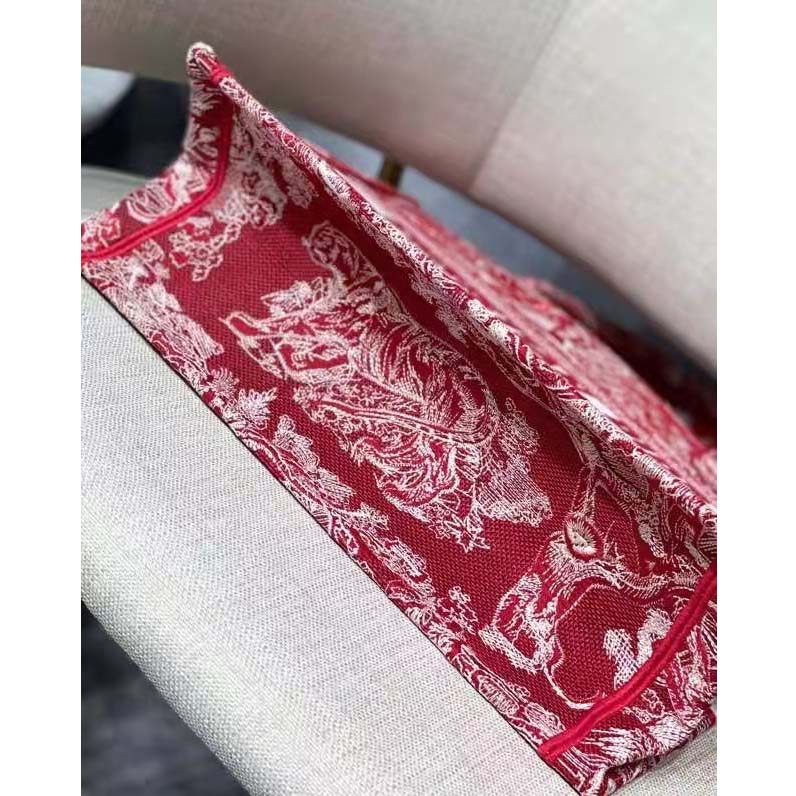 Dior Unisex Medium Book Tote Burgundy Toile De Jouy Stripes Embroidery