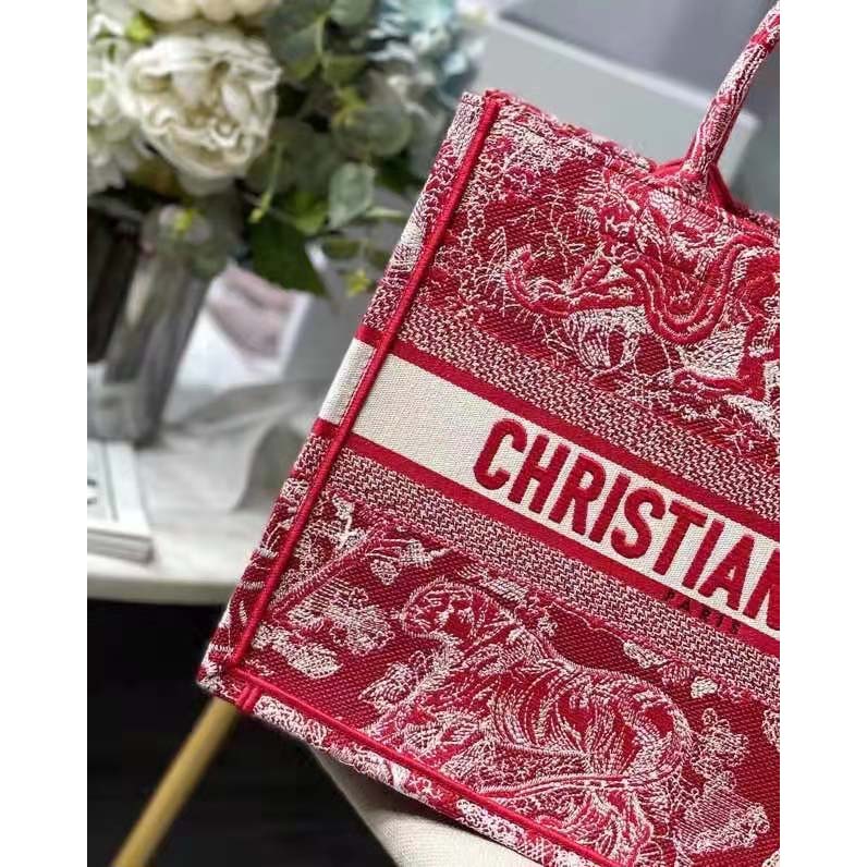 Dior Unisex Medium Book Tote Burgundy Toile De Jouy Stripes Embroidery