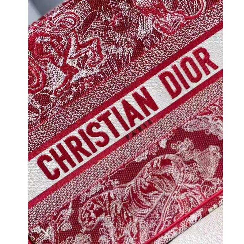 Dior Unisex Medium Book Tote Burgundy Toile De Jouy Stripes Embroidery
