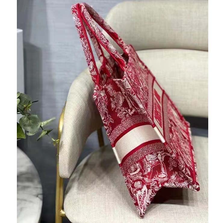 Dior Unisex Medium Book Tote Burgundy Toile De Jouy Stripes Embroidery