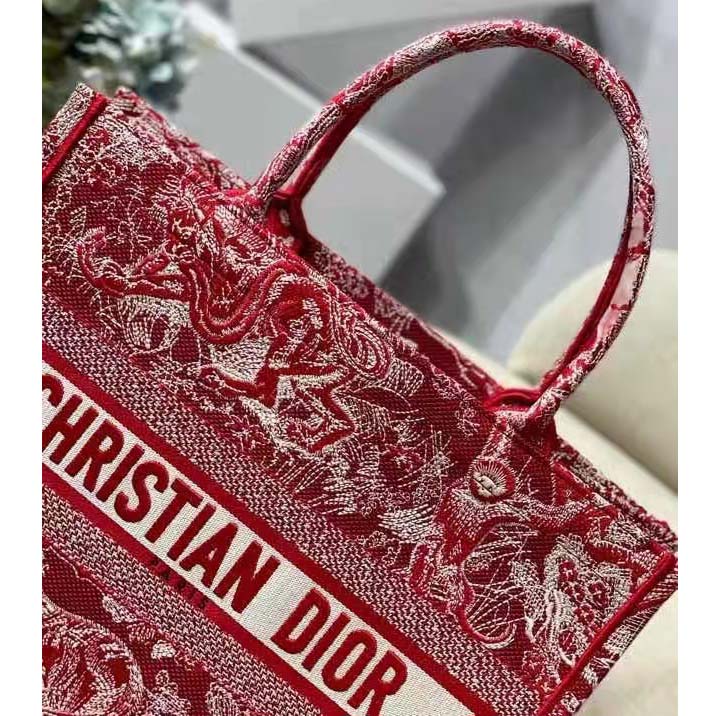 Dior Unisex Medium Book Tote Burgundy Toile De Jouy Stripes Embroidery