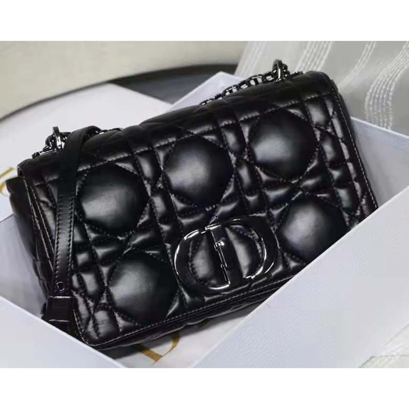 Dior Women CD Medium Dior Caro Bag Black Quilted Macrocannage Calfskin
