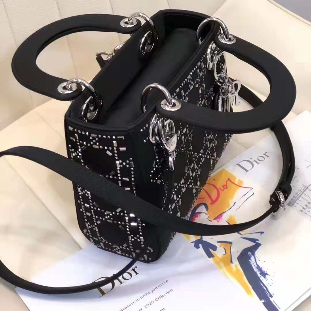 Dior Women CD Mini Lady Dior Bag Black Strass Cannage Satin