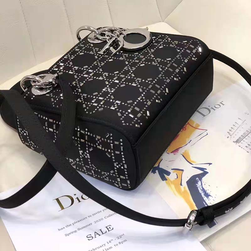Dior Women CD Mini Lady Dior Bag Black Strass Cannage Satin