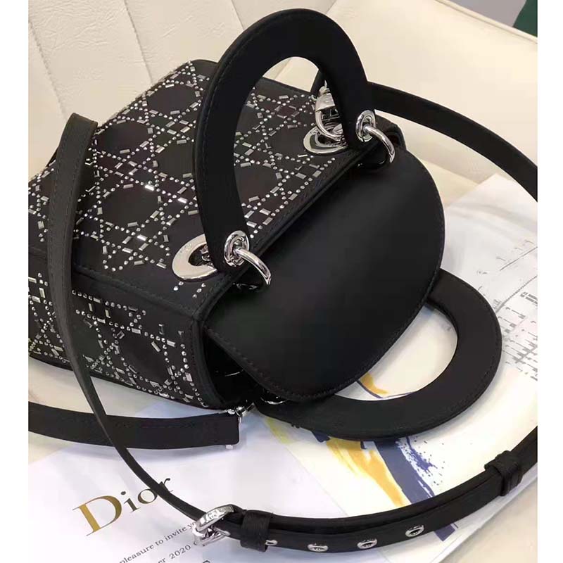 Dior Women CD Mini Lady Dior Bag Black Strass Cannage Satin