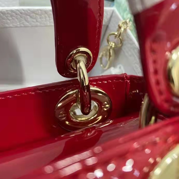 Dior Women CD Mini Lady Dior Bag Cherry Red Patent Cannage Calfskin