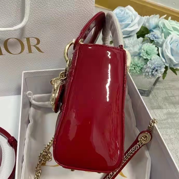 Dior Women CD Mini Lady Dior Bag Cherry Red Patent Cannage Calfskin