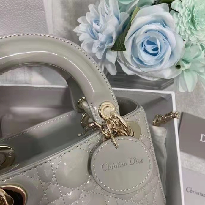 Dior Women CD Mini Lady Dior Bag Gray Patent Cannage Calfskin