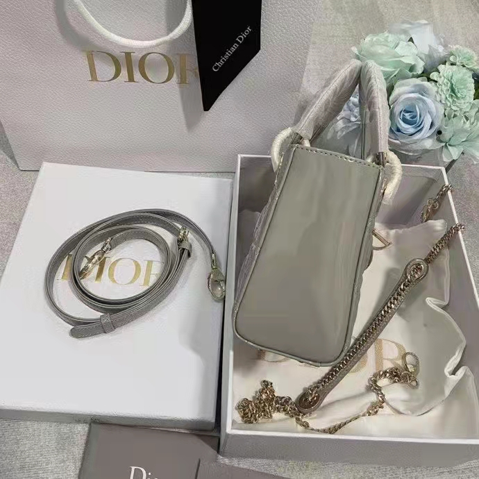 Dior Women CD Mini Lady Dior Bag Gray Patent Cannage Calfskin
