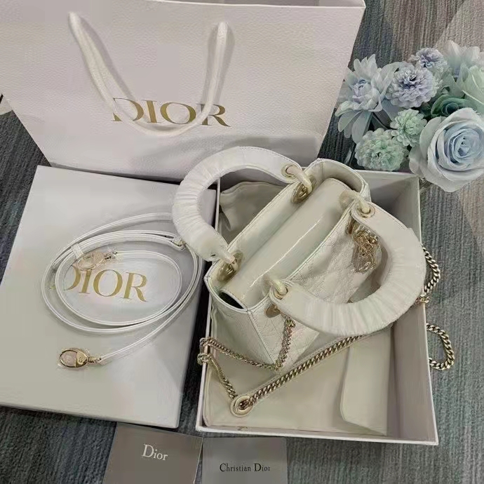 Dior Women CD Mini Lady Dior Bag Latte Patent Cannage Calfskin