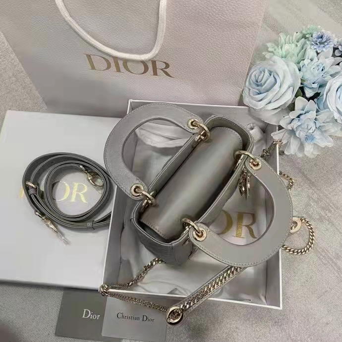 Dior Women CD Mini Lady Dior Bag Opaline Gray Pearlescent Cannage Lambskin