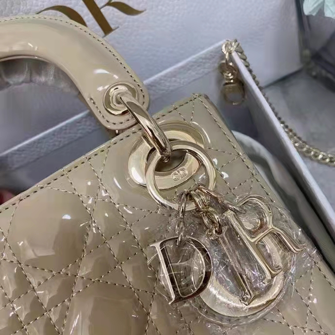 Dior Women CD Mini Lady Dior Bag Pale Yellow Patent Cannage Calfskin