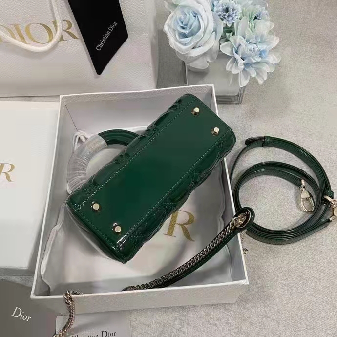 Dior Women CD Mini Lady Dior Bag Pine Green Patent Cannage Calfskin
