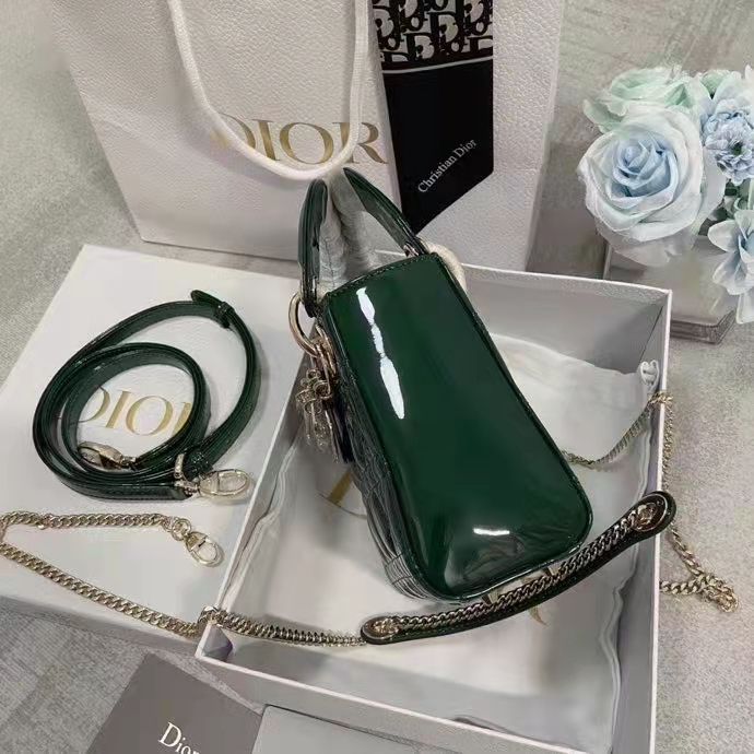 Dior Women CD Mini Lady Dior Bag Pine Green Patent Cannage Calfskin
