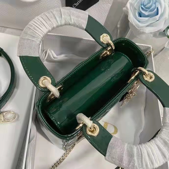 Dior Women CD Mini Lady Dior Bag Pine Green Patent Cannage Calfskin