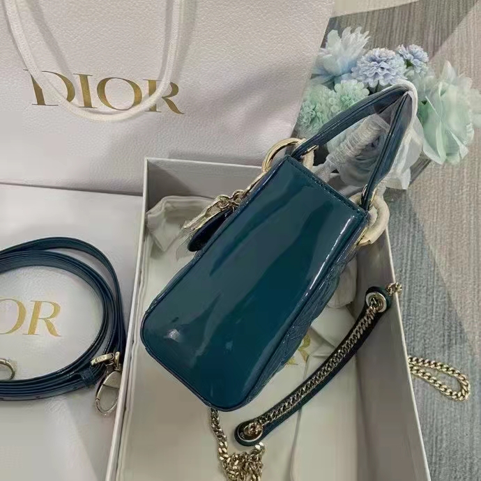 Dior Women Mini Lady Dior Bag Bright Blue Patent Cannage Calfskin
