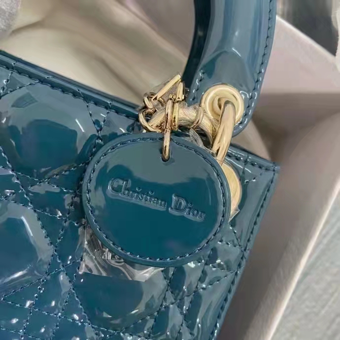 Dior Women Mini Lady Dior Bag Bright Blue Patent Cannage Calfskin