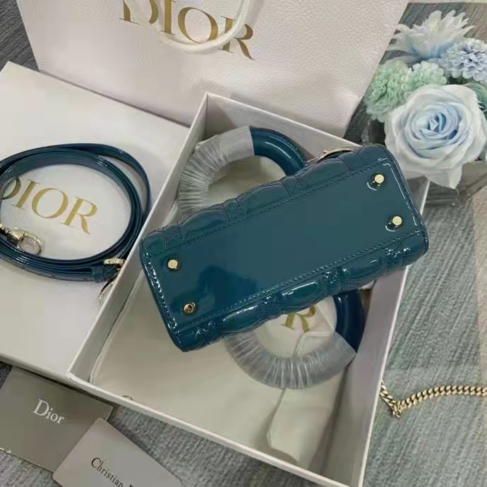 Dior Women Mini Lady Dior Bag Bright Blue Patent Cannage Calfskin