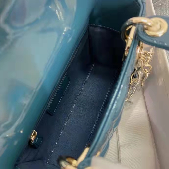 Dior Women Mini Lady Dior Bag Bright Blue Patent Cannage Calfskin