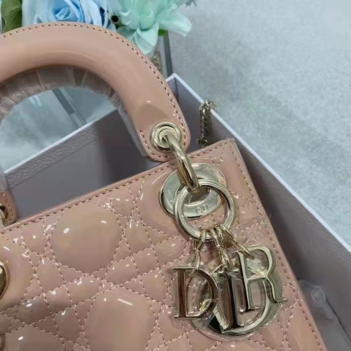 Dior Women Mini Lady Dior Bag Rose Des Vents Patent Cannage Calfskin