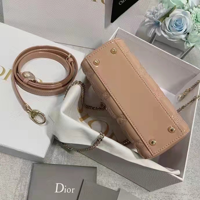 Dior Women Mini Lady Dior Bag Rose Des Vents Patent Cannage Calfskin