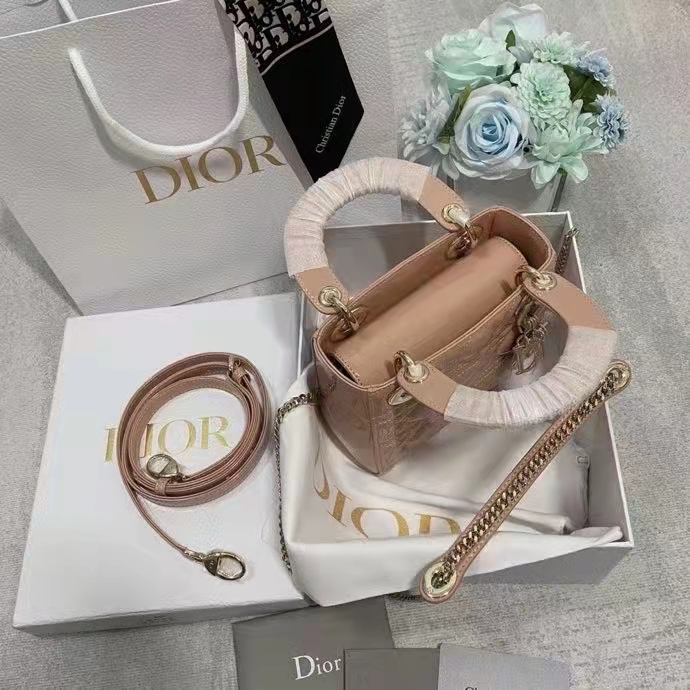 Dior Women Mini Lady Dior Bag Rose Des Vents Patent Cannage Calfskin