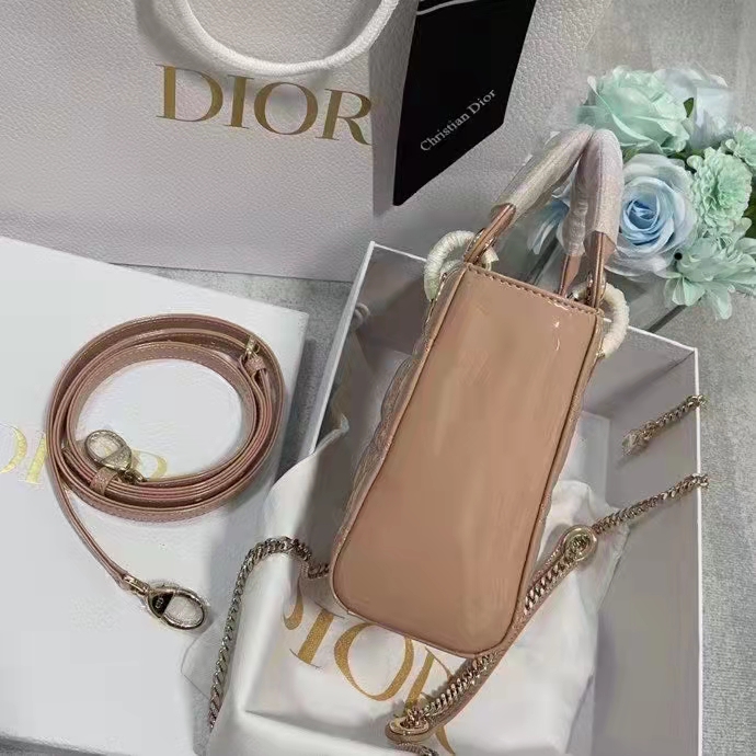 Dior Women Mini Lady Dior Bag Rose Des Vents Patent Cannage Calfskin