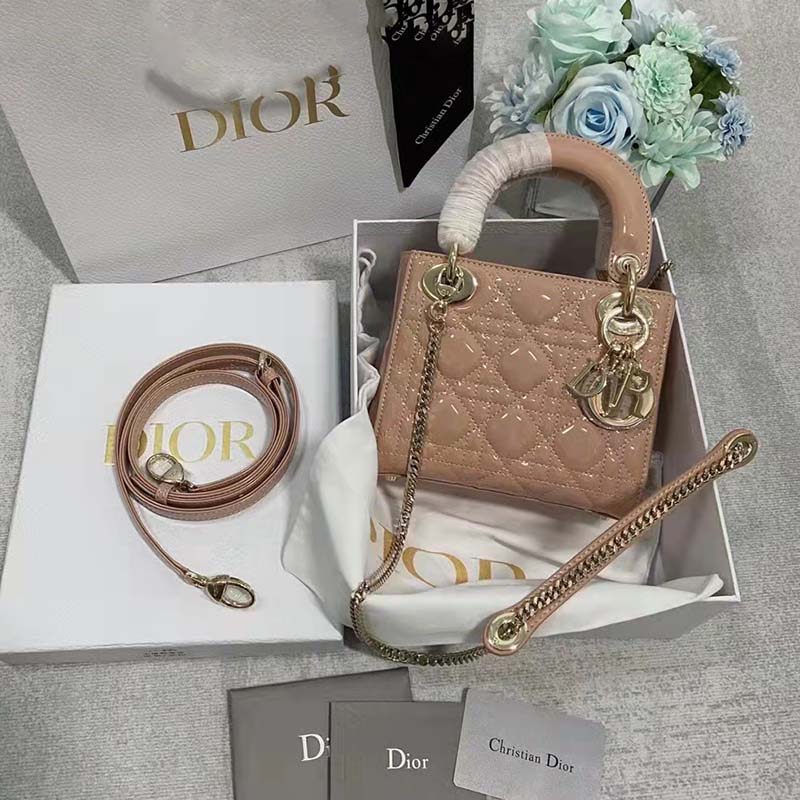 Dior Women Mini Lady Dior Bag Rose Des Vents Patent Cannage Calfskin