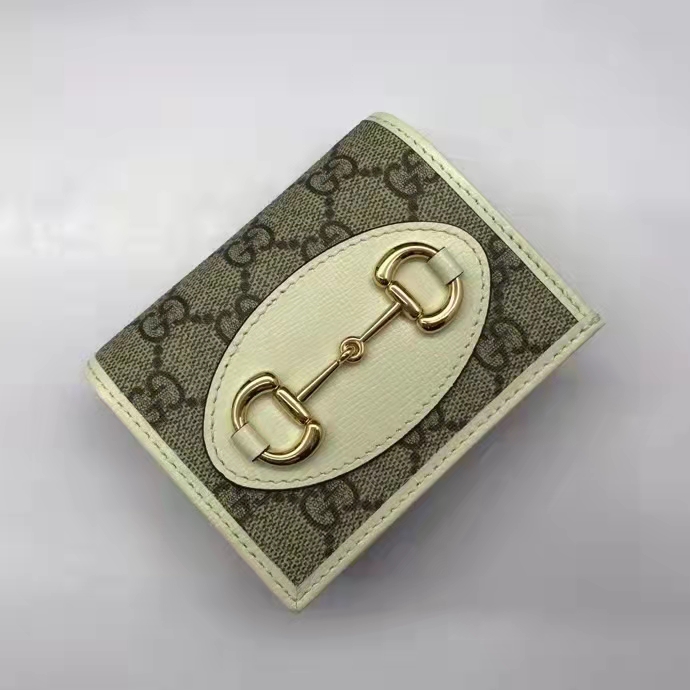 Gucci GG Unisex 1955 Horsebit Card Case Wallet Beige Ebony GG Supreme Canvas