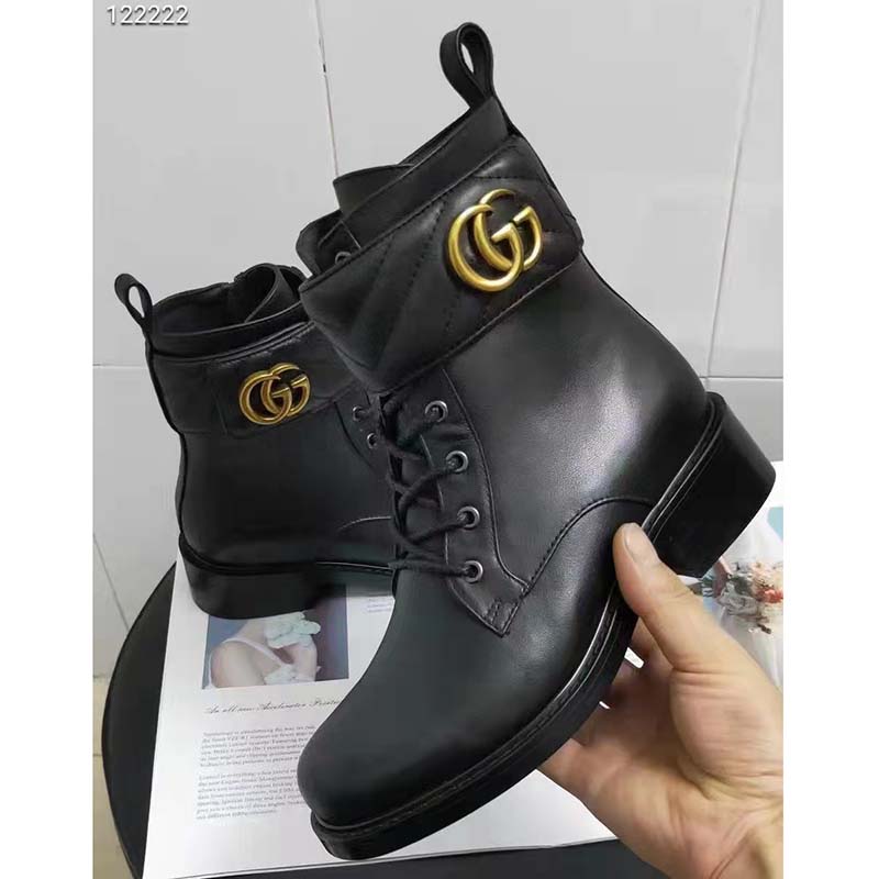 Gucci GG Women’s Ankle Boot Double G Black Leather Tonal Matelassé