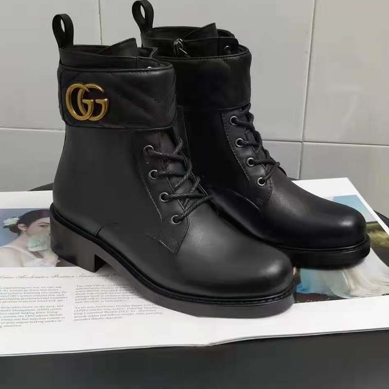 Gucci GG Women’s Ankle Boot Double G Black Leather Tonal Matelassé