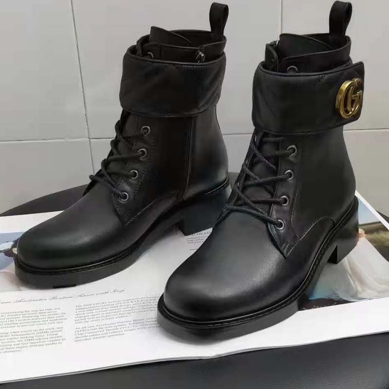 Gucci GG Women’s Ankle Boot Double G Black Leather Tonal Matelassé