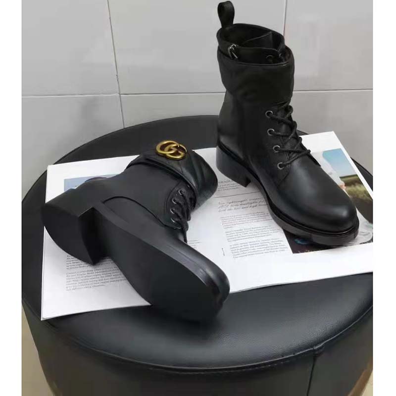 Gucci GG Women’s Ankle Boot Double G Black Leather Tonal Matelassé